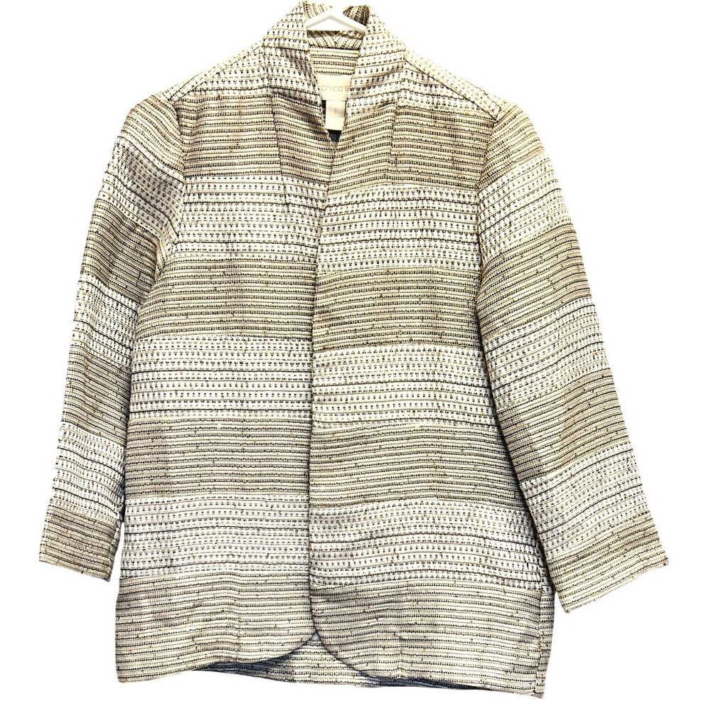 Chicos Womens Open Sequin Jacket Size 1 Textured Neutral Polyester Cotton Blend